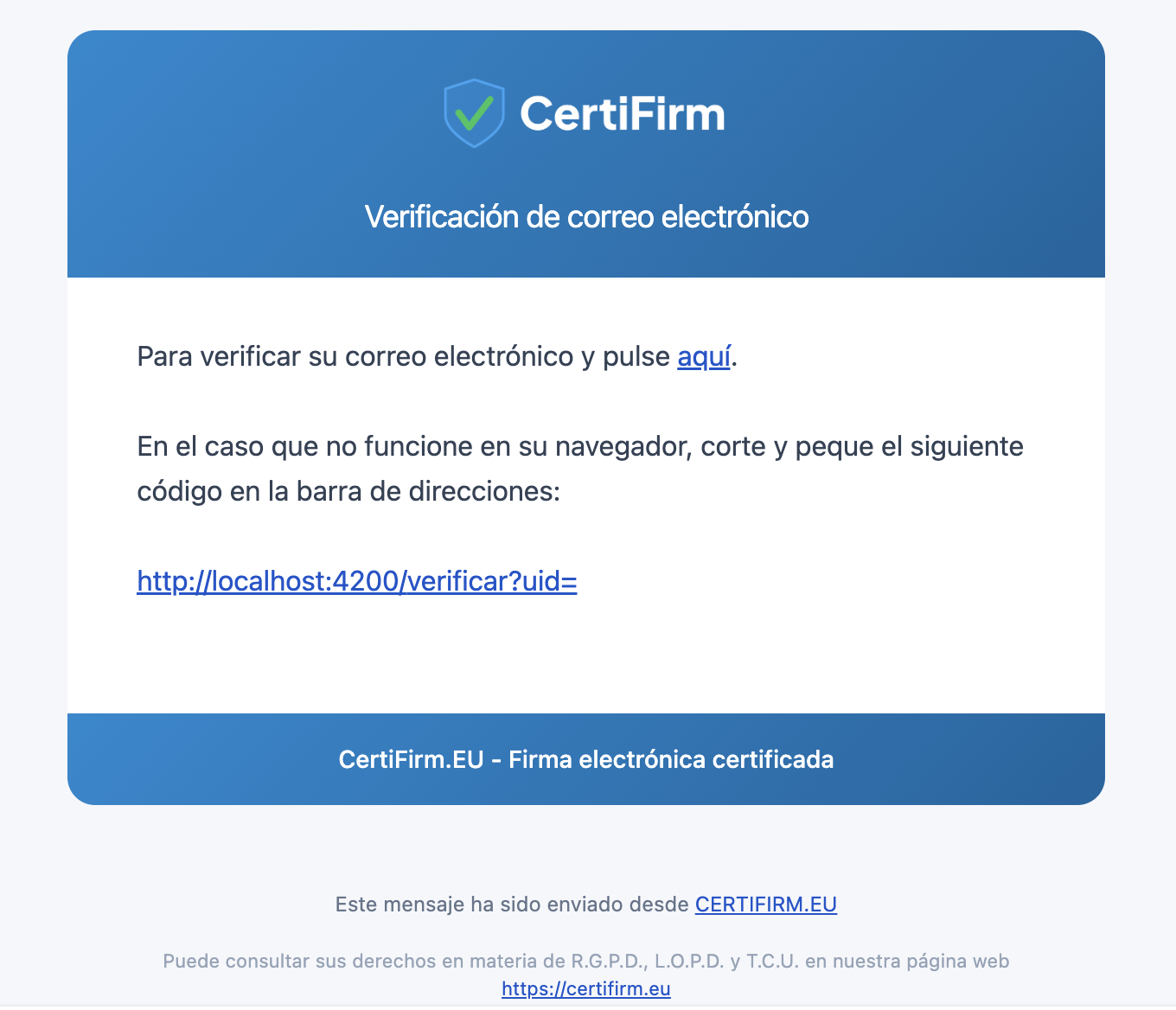 Correo electrónico de verificación de cuenta enviado por CertiFirm