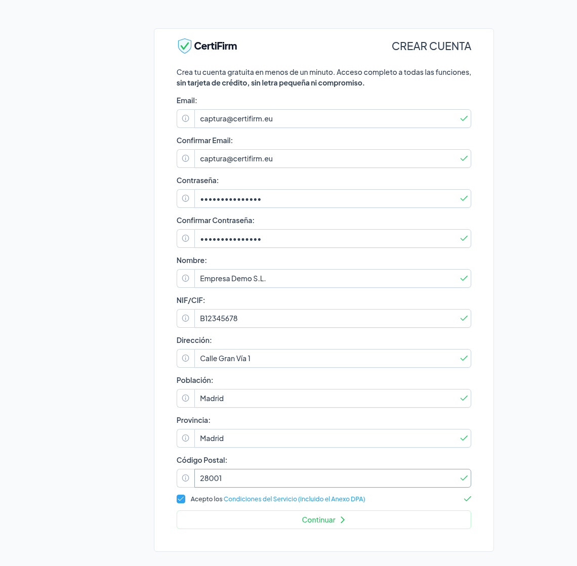 Formulario de alta completamente relleno con todos los campos en verde