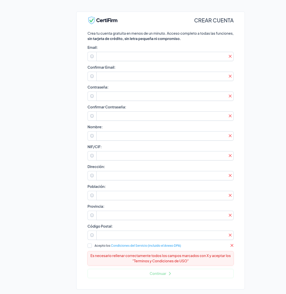 Formulario de alta vacío con todos los campos a rellenar