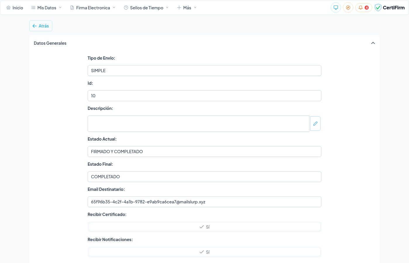 Detalle del envío firmado con todas las evidencias y el botón de descarga del informe
