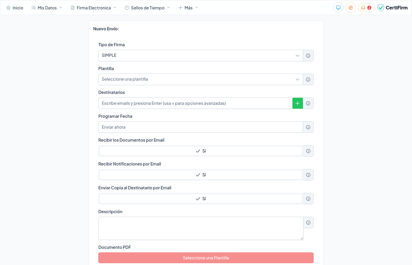 Formulario de nuevo envío mostrando los campos disponibles