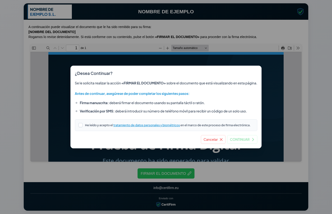 Diálogo de consentimiento con la casilla de tratamiento de datos personales