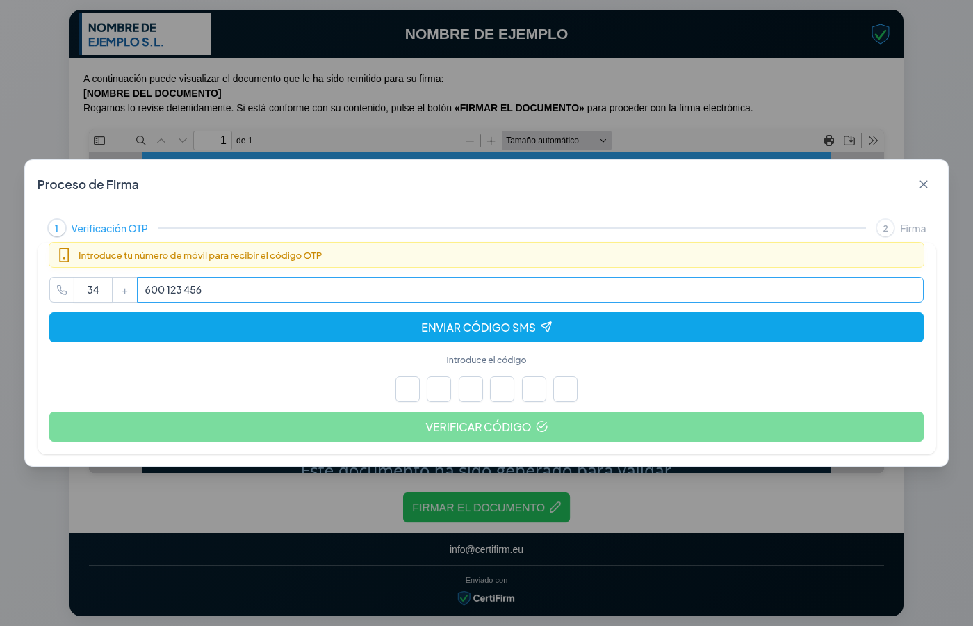 Paso de verificación OTP: teléfono móvil y casillas para el código de 6 dígitos recibido por SMS