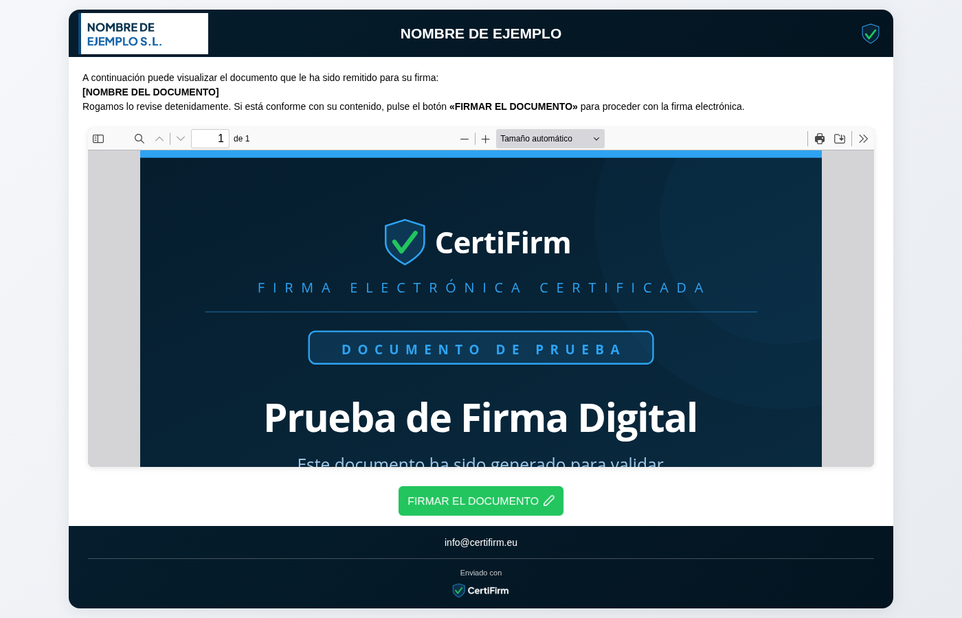 Página de firma con el documento PDF, el logotipo del remitente y el botón FIRMAR EL DOCUMENTO