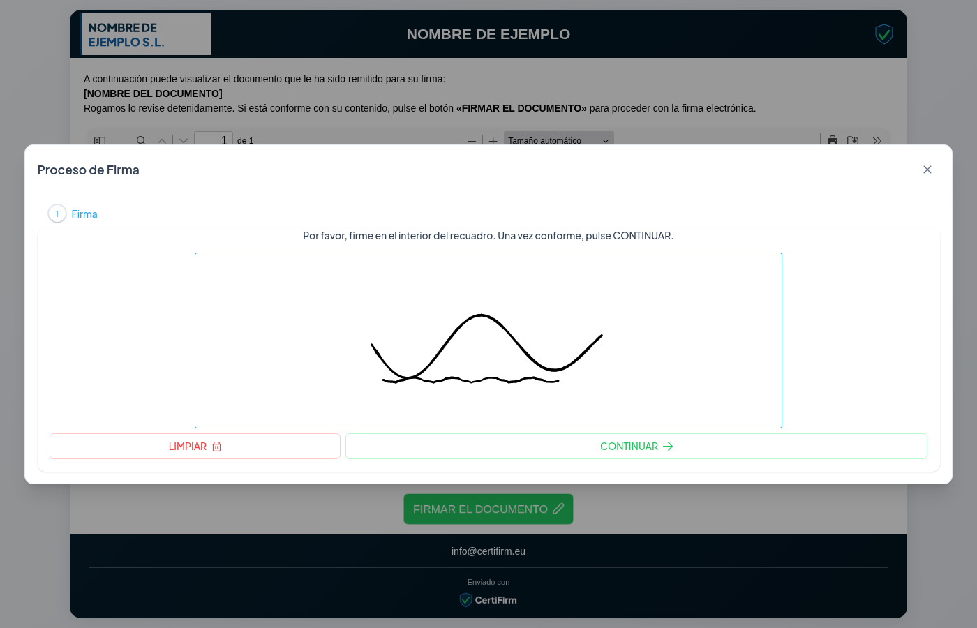 Lienzo de firma manuscrita con un trazo dibujado y los botones LIMPIAR y CONTINUAR