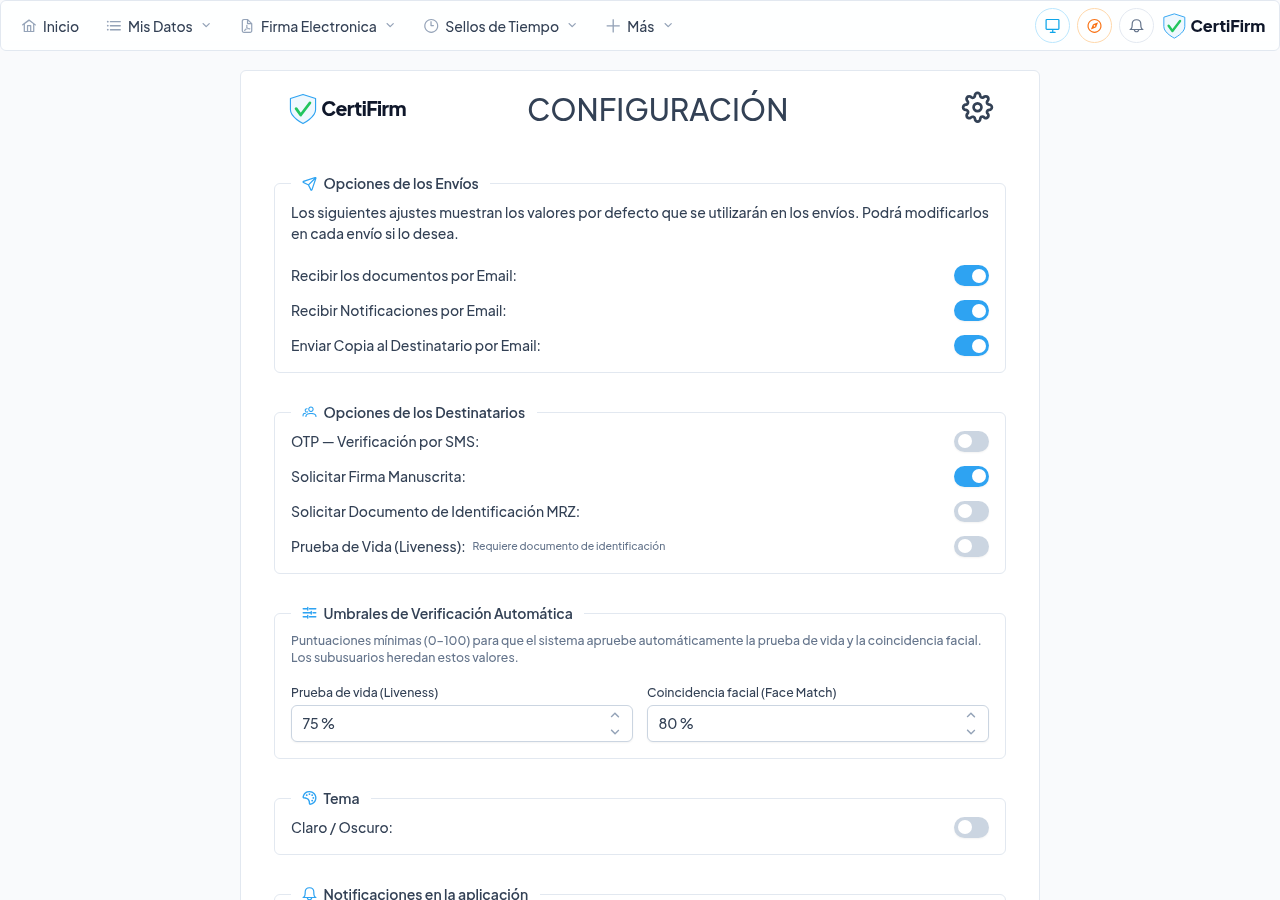 Pantalla de configuración con ajustes y notificaciones