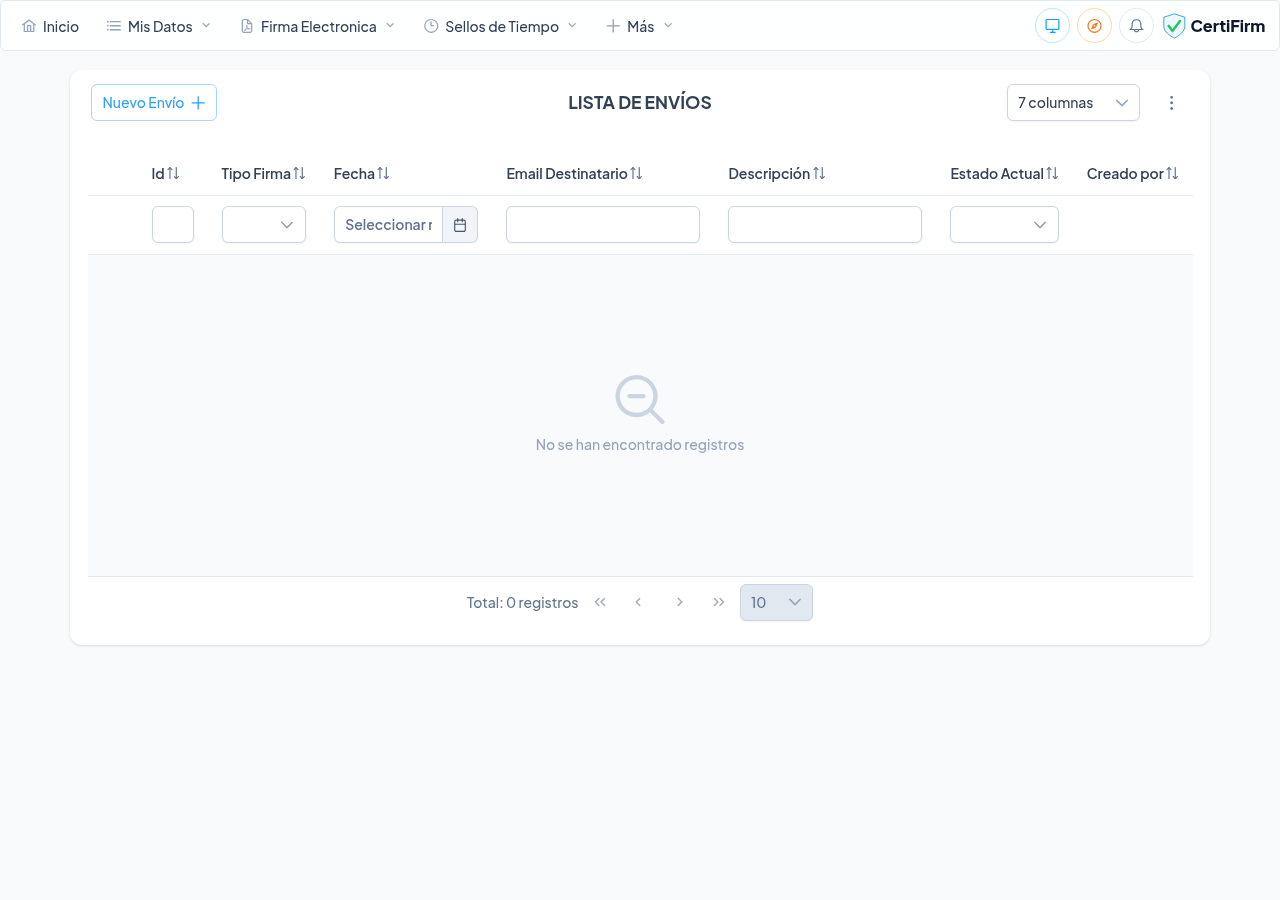 Tabla de historial de todos los envíos realizados con filtros y estados