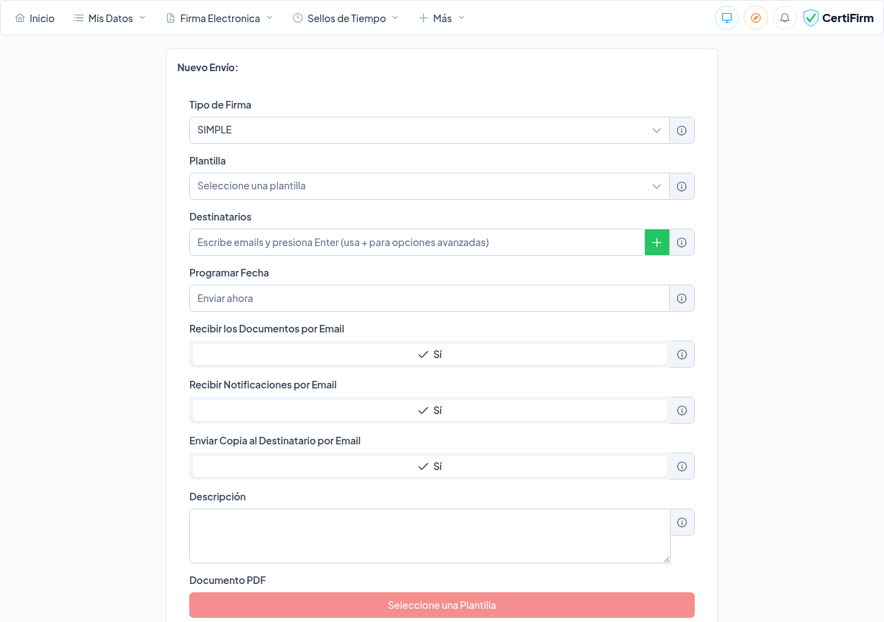 Formulario para crear un nuevo envío certificado con firma electrónica