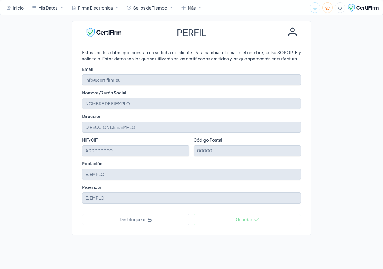 Pantalla de perfil de usuario con datos personales y de empresa