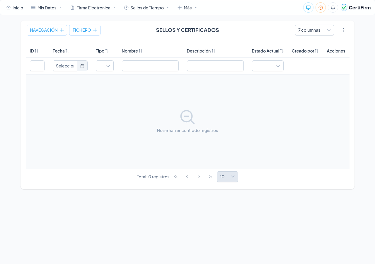 Tabla de consulta de todos los sellos de tiempo y certificados emitidos