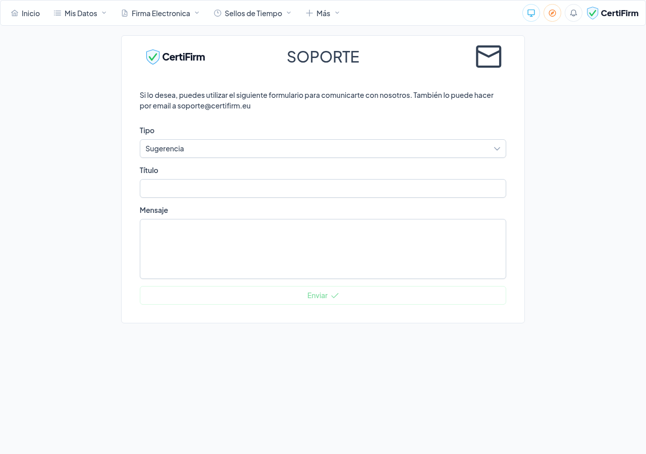 Formulario de soporte para enviar consultas o sugerencias al equipo de Certifirm