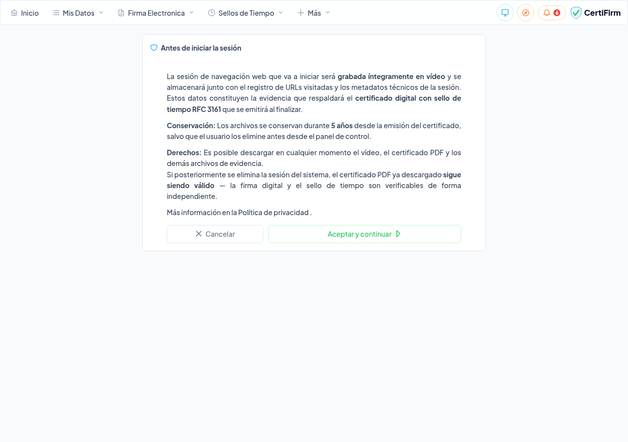 Diálogo de confirmación antes de iniciar la sesión de navegación certificada