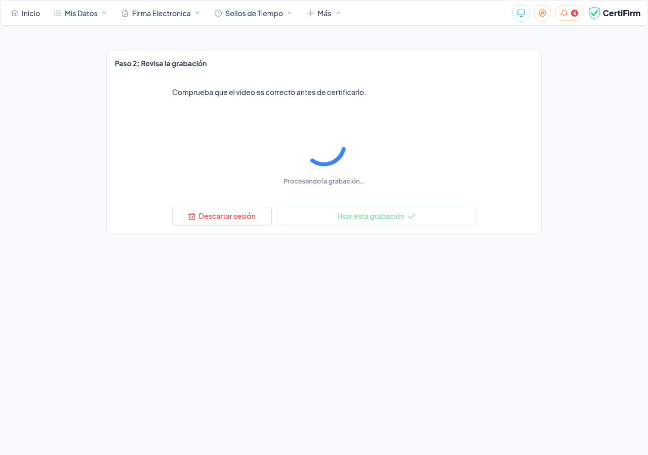 Pantalla de procesamiento del vídeo tras finalizar la sesión de navegación certificada