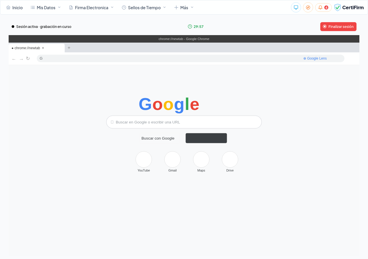 Sesión de navegación certificada activa con la barra de control y el temporizador de grabación