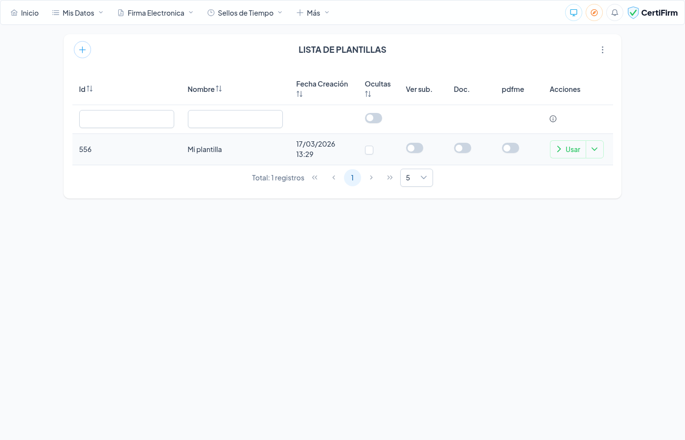 Lista de plantillas con la nueva plantilla creada