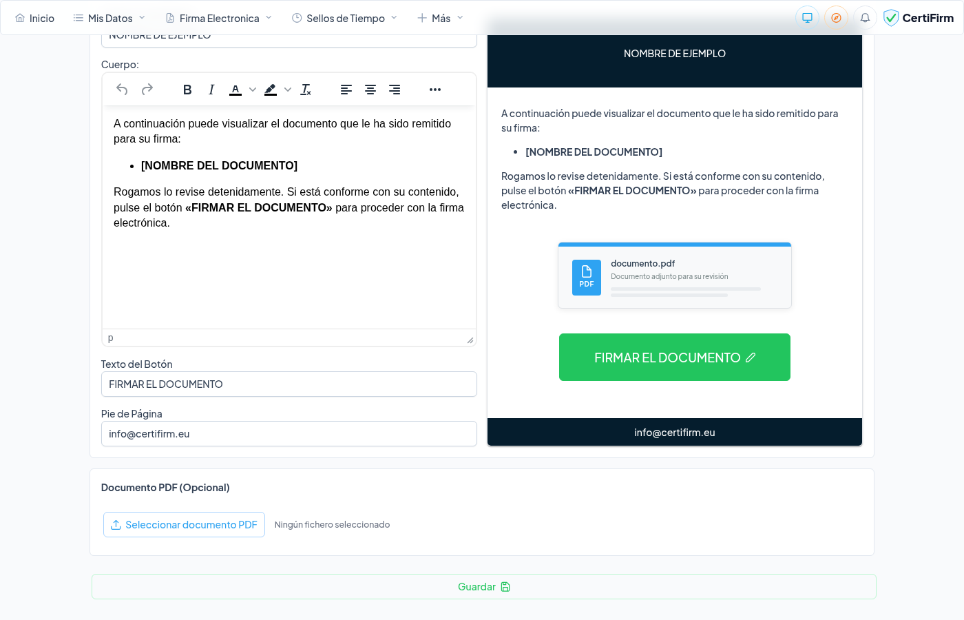 Sección de configuración de la página de firma con vista previa