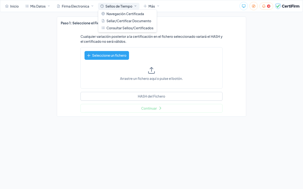 Menú Sellos de Tiempo desplegado con las opciones disponibles