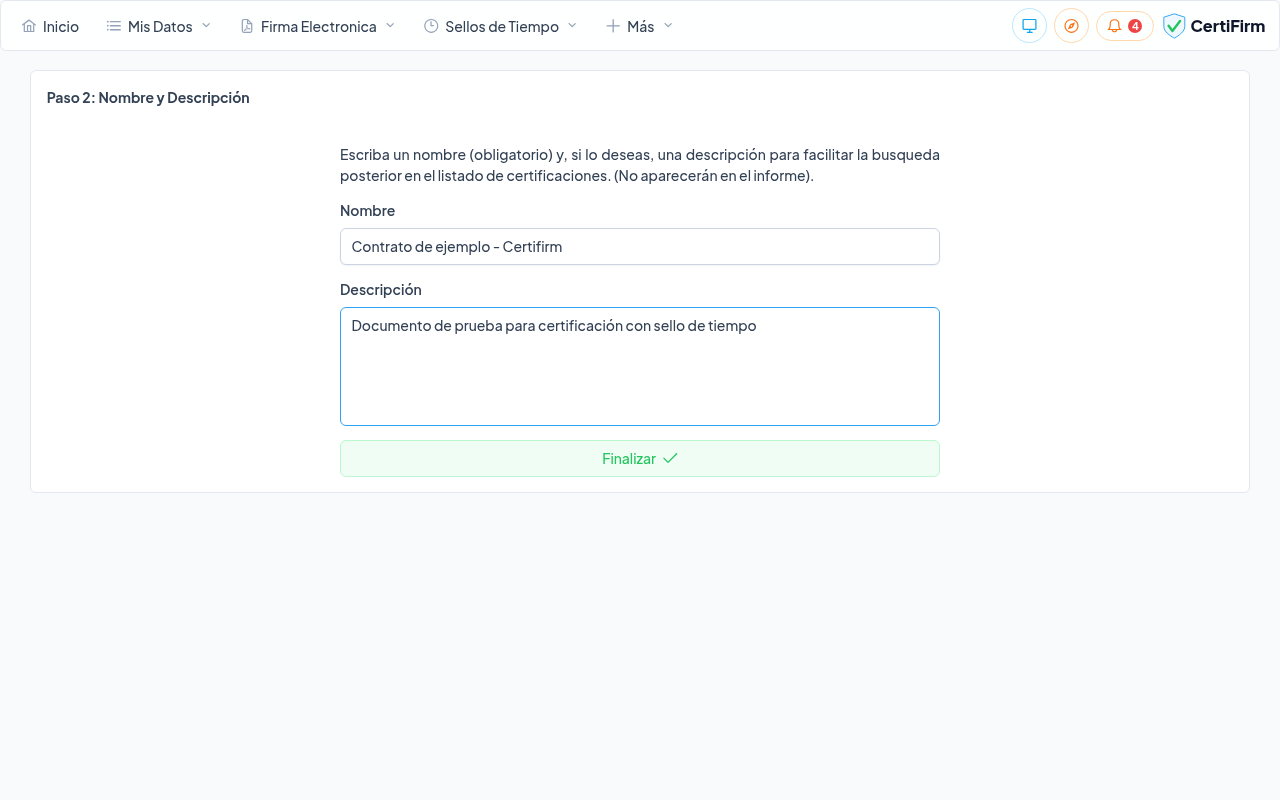 Formulario de nombre y descripción del sello de tiempo relleno