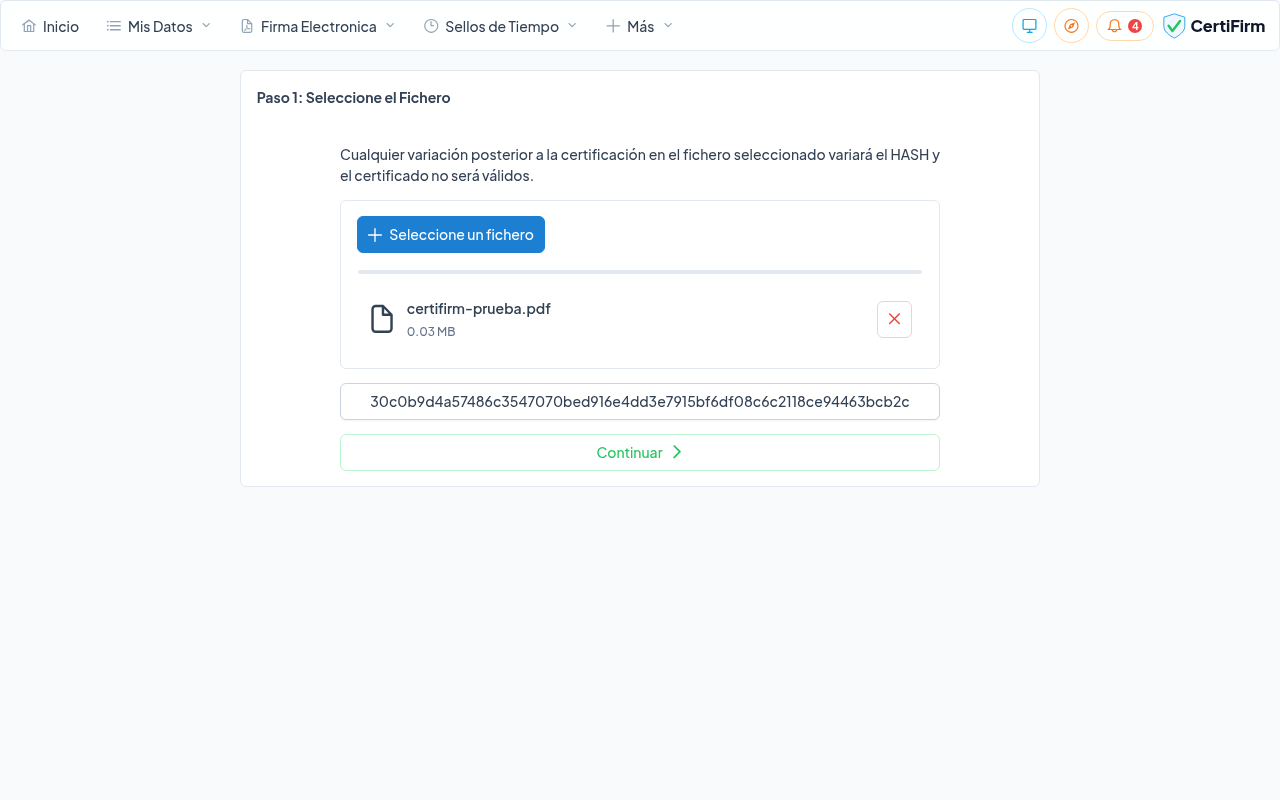Fichero cargado con el hash SHA-256 calculado