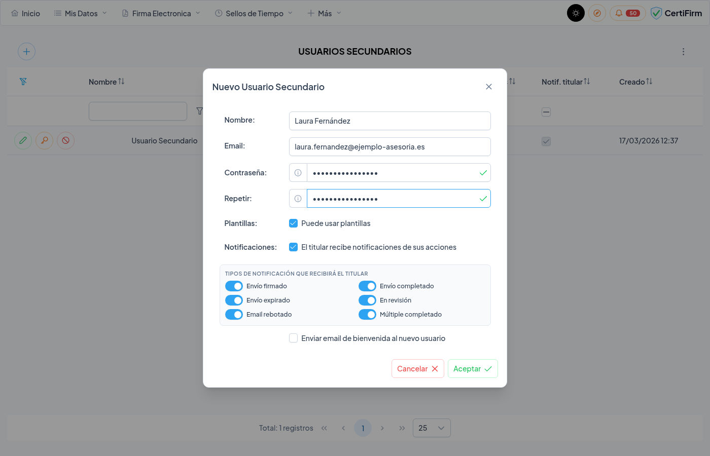 Diálogo de creación de usuario secundario con permisos y tipos de notificación