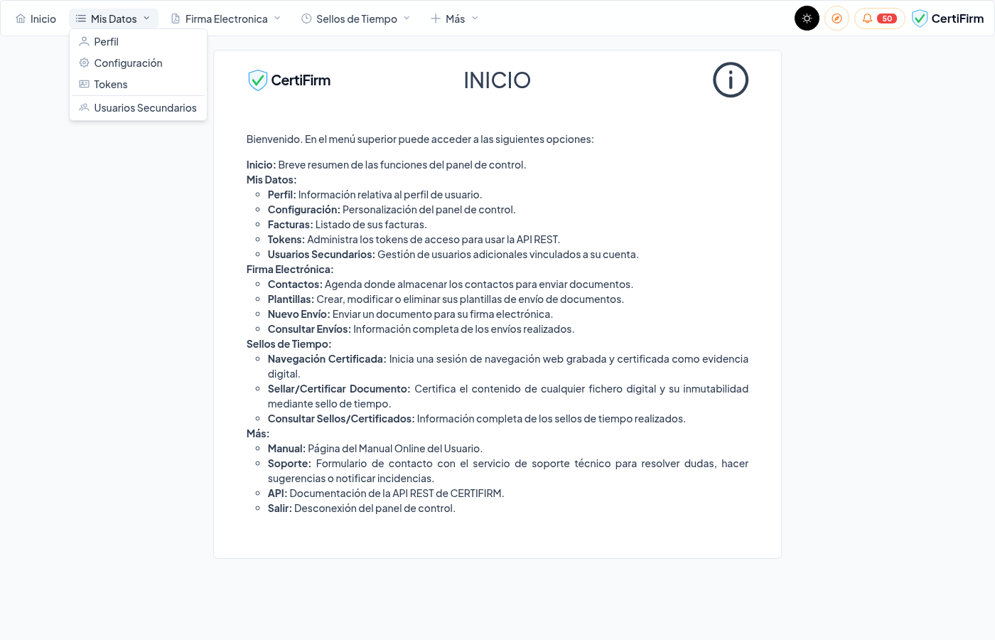 Menú Mis Datos desplegado con la entrada Usuarios Secundarios